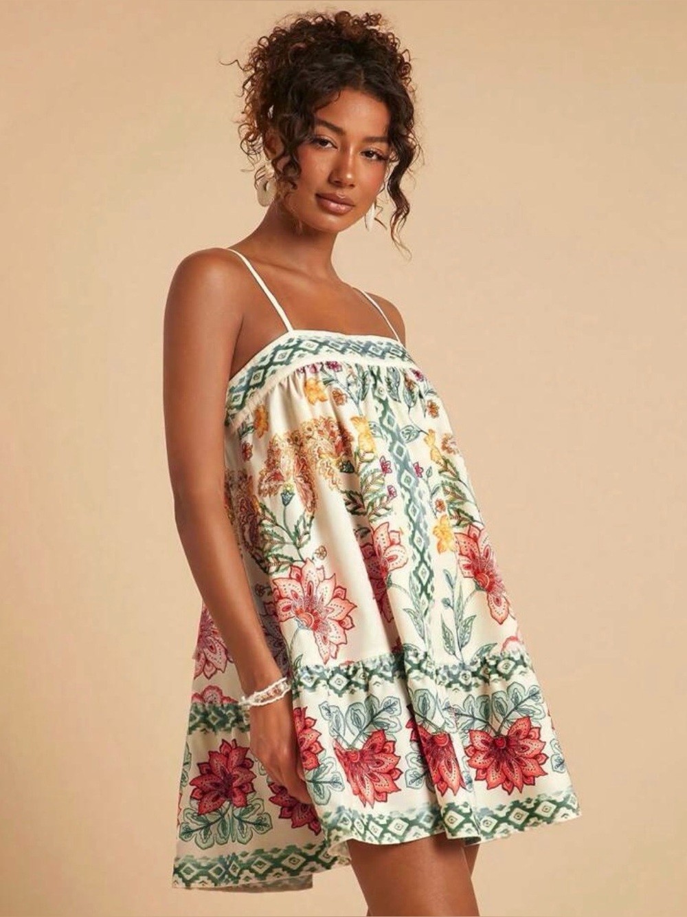 Floral Spaghetti Strap Sundress - Cream with Floral Print